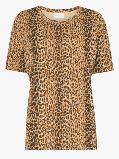 Shop Saint Laurent Leopard-print Short-sleeve T-shirt In Brown