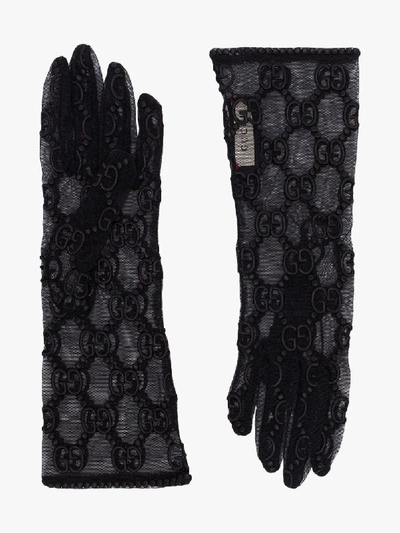Gucci Gg-embroidered Tulle Gloves In Black | ModeSens