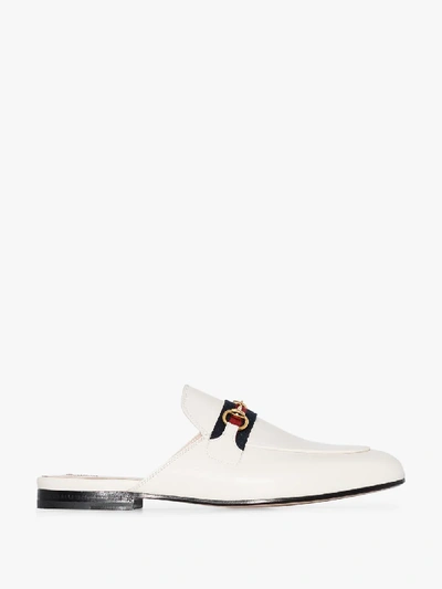 Shop Gucci White Princetown Web Stripe Leather Loafers In Neutrals