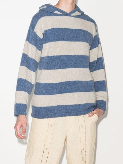 Shop The Elder Statesman Tes Striped Cashmere Hoodie In Blau