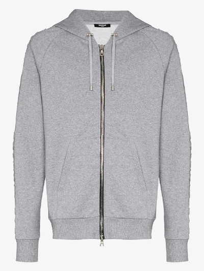 Shop Balmain Embossed Logo Zip-up Hoodie In Grey