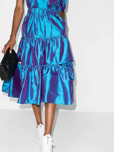 Shop Marques' Almeida Ruffled Silk Satin Midi Skirt In Blue