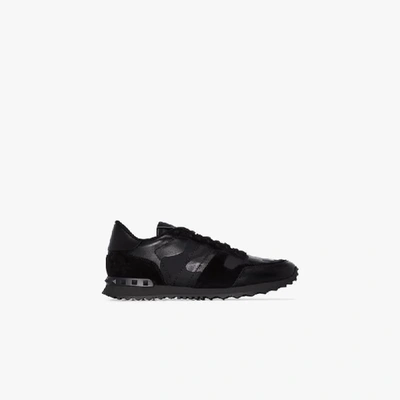 Shop Valentino Black Rockrunner Leather Sneakers