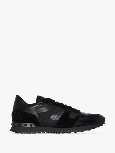 Shop Valentino Black Rockrunner Leather Sneakers