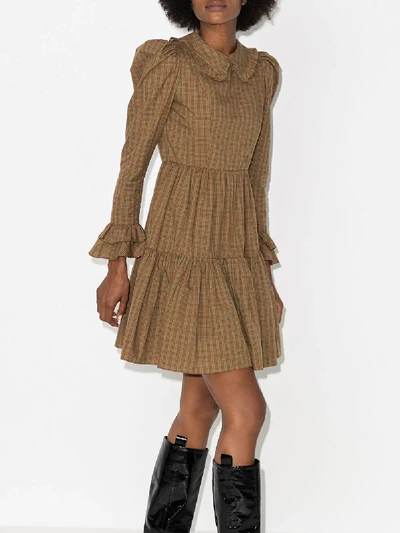 Shop Batsheva Lucy Gingham Tiered Mini Dress In Brown