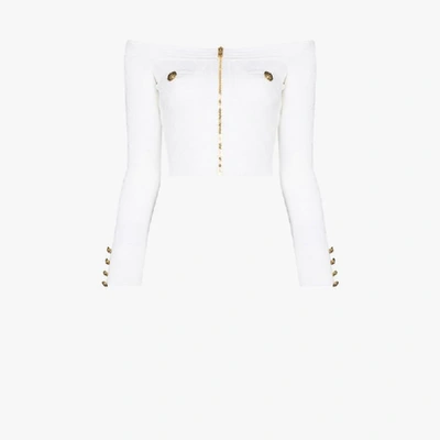 Shop Balmain Off-the-shoulder Cropped Top In White