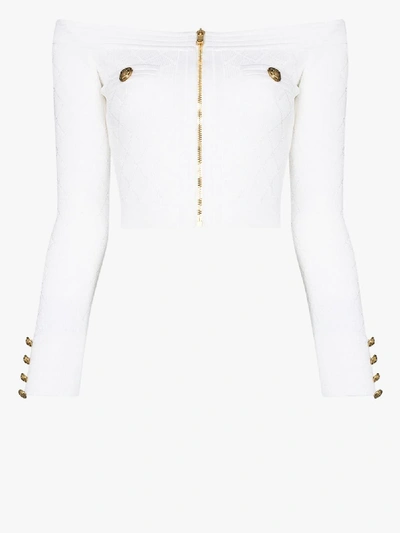 Shop Balmain Off-the-shoulder Cropped Top In White