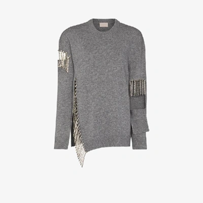 Shop Christopher Kane Cutout Crystal Fringe Wool Sweater In Grey
