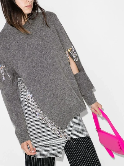 Shop Christopher Kane Cutout Crystal Fringe Wool Sweater In Grey
