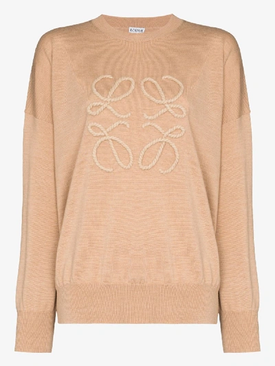 Shop Loewe Anagram Embroidered Knitted Sweater In Neutrals