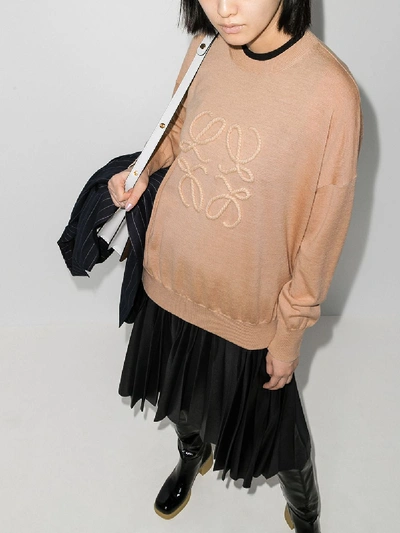 Shop Loewe Anagram Embroidered Knitted Sweater In Neutrals