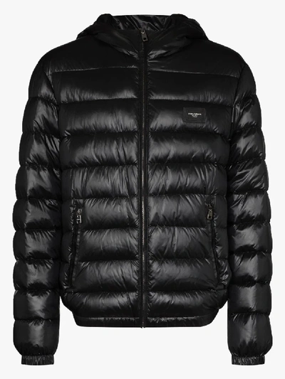 Shop Dolce & Gabbana Black Logo Plaque Hooded Puffer Jacket