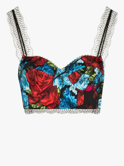 Shop Versace Floral Print Silk Bralette In Black