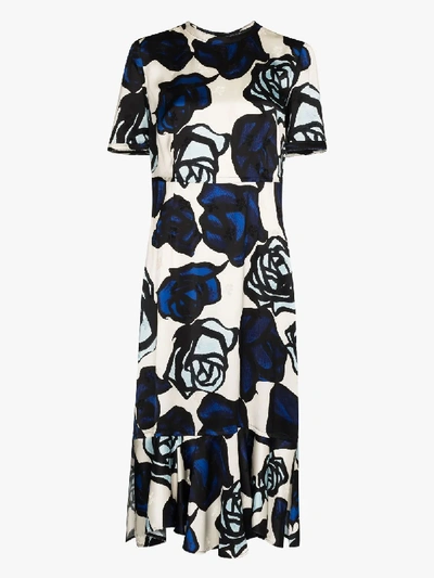 Shop Marni Blue Floral Ruffle Hem Midi Dress