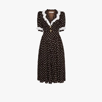 Shop Alessandra Rich Polka Dot Ruffle Silk Midi Dress In Brown