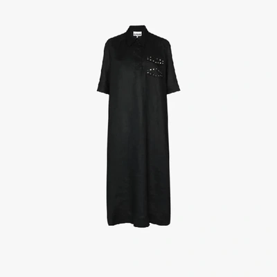 Shop Ganni Studded Linen Midi Dress In Black