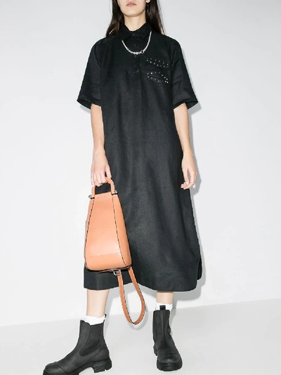 Shop Ganni Studded Linen Midi Dress In Black