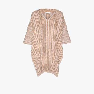 Shop Chloé Neutrals Cable Knit Hooded Poncho