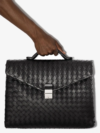 Shop Bottega Veneta Black Intrecciato Leather Briefcase