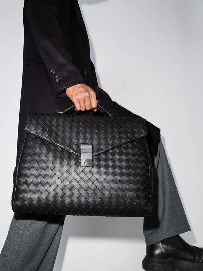 Shop Bottega Veneta Black Intrecciato Leather Briefcase