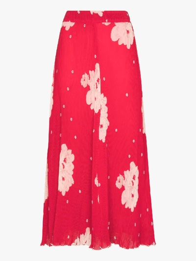 Shop Ganni Floral Print Plissé Pleated Skirt In Red