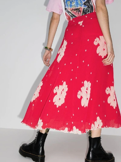 Shop Ganni Floral Print Plissé Pleated Skirt In Red