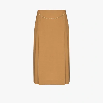Shop Victoria Beckham Chain Detail Pleated Midi Skirt In Brown
