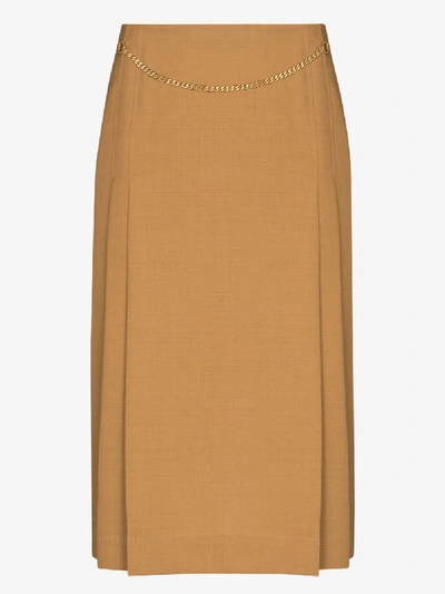 Shop Victoria Beckham Chain Detail Pleated Midi Skirt In Brown