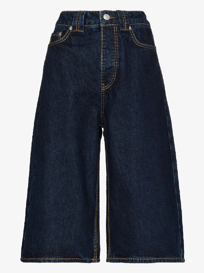 Shop Ganni Heavy Stitch Long Denim Shorts In Blue