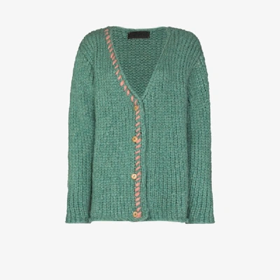 Shop The Elder Statesman Fuzz Cashmere Chunky Cardigan In Green