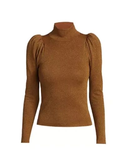 Shop Alice And Olivia Issa Glitter Puff-sleeve Turtleneck Sweater In Camel Metallic