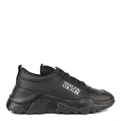 Shop Versace Jeans Couture Leather Sneakers With Logo Print In Black