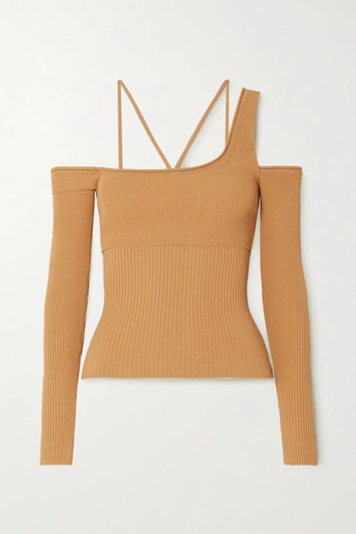 Shop Jacquemus La Maille Cold-shoulder Ribbed-knit Top In Yellow