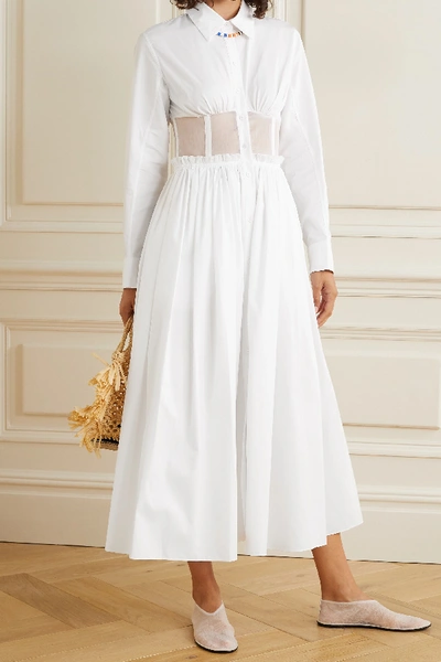 Shop Rosie Assoulin Gathered Organza-trimmed Cotton-poplin Midi Shirt Dress In White