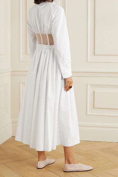 Shop Rosie Assoulin Gathered Organza-trimmed Cotton-poplin Midi Shirt Dress In White