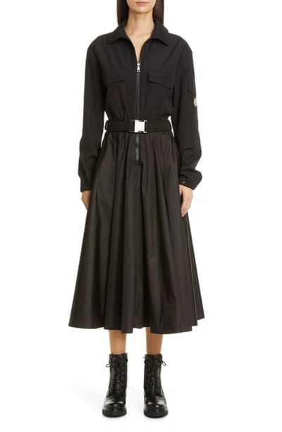 Shop Moncler Mixed Media Long Sleeve Midi Dress In Black