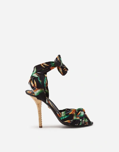 Shop Dolce & Gabbana Twill Sandals With Bird Of Paradise Print With Heel In Wicker