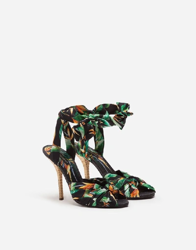 Shop Dolce & Gabbana Twill Sandals With Bird Of Paradise Print With Heel In Wicker