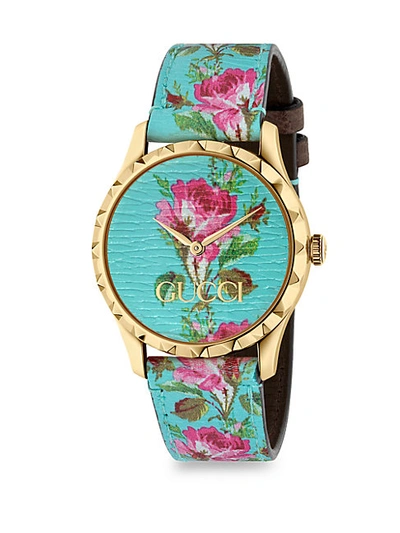Shop Gucci Goldplated & Floral Leather-strap Watch