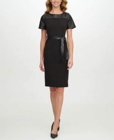 Shop Calvin Klein Faux-leather Belted Sheath Dress In Black