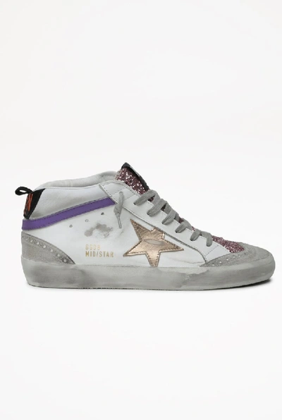 Shop Golden Goose Mid Star Leather Upper Laminated Star Glitter Tongue In White