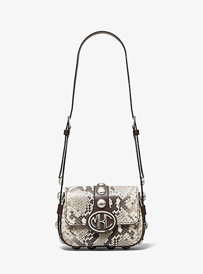 Shop Michael Kors Monogramme Studded Python Embossed Leather Shoulder Bag In Natural