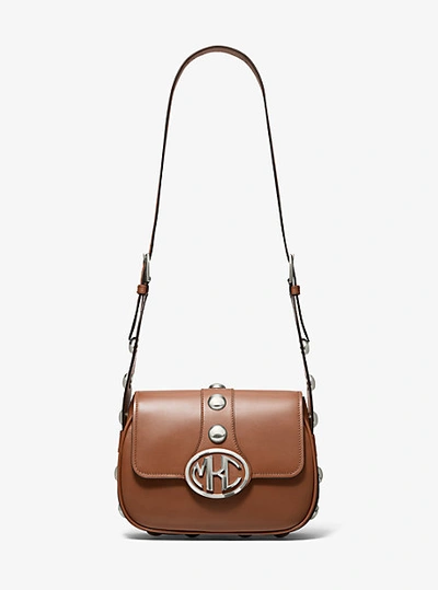 Shop Michael Kors Monogramme Studded Leather Shoulder Bag In Brown