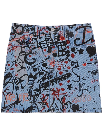 Shop Burberry Graffiti Print Denim Mini Skirt In Blue