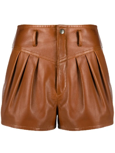 Shop Saint Laurent High-rise Pleated Leather Shorts In Brown