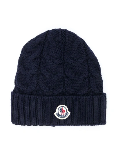 Shop Moncler Cable-knit Virgin Wool Beanie In Blue