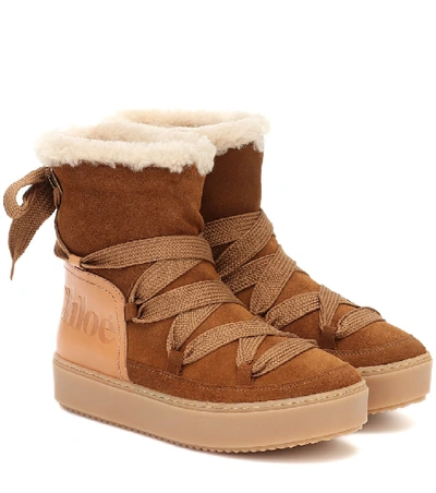 Shop See By Chloé Charlee Shearling-trimmed Suede Ankle Boots In Brown