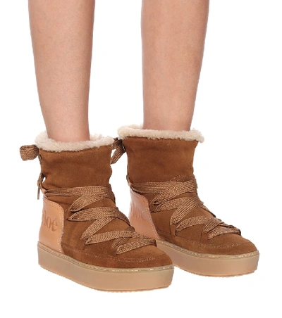 Shop See By Chloé Charlee Shearling-trimmed Suede Ankle Boots In Brown