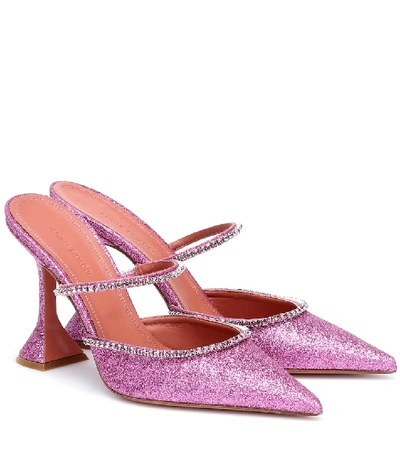 Shop Amina Muaddi Gilda Embellished Leather Mules In Purple