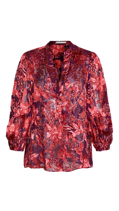 Shop Alice And Olivia Sheila Blouson Sleeve Henley Top In Allure Floral Boysenberry